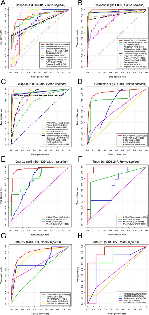 ROC curves and the corresponding AUC values of reviewed predictors for cleavage site prediction specific to (A) caspase-1, (B) caspase-3, (C) caspase-6, (D) granzyme B (Homo sapiens), (E) granzyme B (Mus musculus), (F) thrombin, (G) matrix metallopeptidase-2 and (H) matrix metallopeptidase-3.
