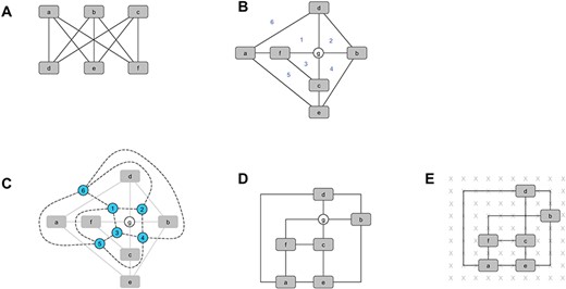 The different phases of the TSM approach. A. The non-planar input graph. B. The result of the planarisation phase where the crossing is replaced by an artificial node ‘g’. The six faces/regions induced by the planar embedding are labelled with numbers where ‘6’ denotes the outer face. C. The dual graph is drawn above the planar embedding. It consists of the blue nodes and the dashed edges. D. After the orthogonalisation phase, each edge is represented by a sequence of horizontal and vertical line segments. E. Final result after applying the compaction phase. All nodes and bends are placed on grid points.