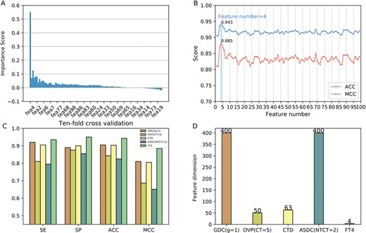 The results of feature selection. (A) The importance scores of the sorted features. (B) The performances of feature subsets using SFS in terms of ACC and MCC. (C) The performance of the optimal features (FT4) and the original four feature descriptors in terms of SE, SP, ACC and MCC. (D) The feature number of the optimal features (FT4) and the original four feature descriptors.