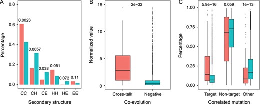 Comparison of the distributions of residue pair-based features between cross-talk (red) and negative (cyan) pairs. (A) Pairwise secondary structure state, (B) residue co-evolution and (C) correlated mutation. P-values are provided in each figure.