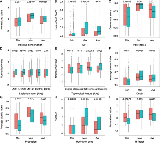Comparison of the distributions of residue-based features between cross-talk (red) and negative (cyan) pairs. (A) Residue conservation, (B) SIFT score, (C) PolyPhen-2 score, (D) average of LN, (E) average of topological features, (F) depth index, (G) protrusion index, (H) number of hydrogen bonds and (I) B-factor. Min, Max and Ave represent the minimum, maximum and average values of two residues in each PTM pair regarding a given attribute. P-values are provided in each figure. The complete distributions of LN and topological features are shown in Supplementary Figure S3. Regarding the analysis of B-factor, we only used the samples from crystal structures.