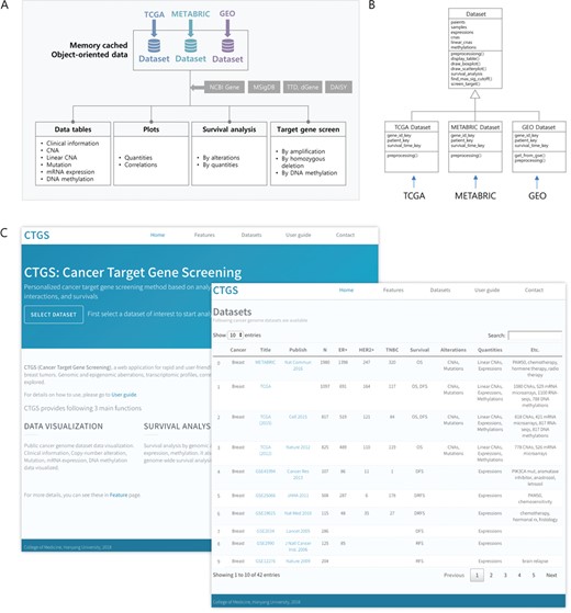 Overview of the CTGS web application. (A) Schematic diagram showing the architecture of CTGS. (B) Class diagram for object-oriented data management and classes used data sets. (C) Front page of CTGS web application (left) and display of information on each data set in the panel of ‘Datasets’ (right).