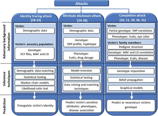 Taxonomy of genomic privacy attacks. A typical genomic privacy attack (identity tracings, attribute disclosure and completion attacks) involves three steps. First, the adversary acquires background information about the victim and his/her family members if required. The adversary then applies inference techniques and finally predicts the identity or disease associations of the victim.