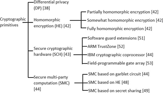 Categorization of cryptographic primitives applied in literature to secure genomic data.