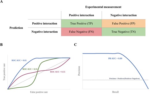 (A) A binary classification confusion matrix with the four categories of prediction (FPs may include putative false positives); (B) ROC curves: the closer the curves are to the top left-hand corner, the better. AUC values alone may be deceptive as a lack of correct early predictions may be offset by an increased number of correct predictions later, leading to high AUC values. This scenario is shown by the green and purple curves. (C) Precision-recall curve: the closer the curve is to the top right corner, the better the model’s performance.