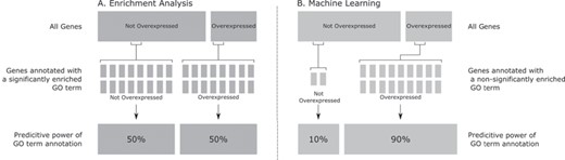 Graphical representation of a hypothetical statistically significantly enriched GO term with poor predictive performance (Subfigure A, on the left-hand side) and a non-statistically significantly enriched GO term with high predictive performance (Subfigure B, on the right-hand side). This figure shows that although the hypothetical GO term is significantly enriched in Subfigure A, it has poor predictive power (only 50% of the genes annotated with the GO term are over-expressed). On the other hand, the non-significantly enriched hypothetical GO term in Subfigure B (that annotates fewer genes) has good predictive power (90% of the genes annotated with the hypothetical GO term are overexpressed). This shows that significantly enriched gene properties are not necessarily good predictions and vice-versa.