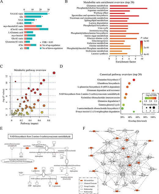 Plots for data integration and biological function analysis. (A) The plot for the results of the vote-counting method. The plot summarizes the distribution of up-regulated or down-regulated of metabolites across studies. Red and blue bars denote the numbers of studies that reported that the metabolite was up-regulated or down-regulated, respectively. An asterisk (*) indicates an FDR < 0.05. (B) The plot for the results of metabolite set enrichment analysis. The top 20 enriched metabolite sets are shown. For each metabolite set, the color of the bars denotes the P-value of the hypergeometric test, and the ‘enrichment factor’ was calculated by dividing the number of uploaded metabolites (hits) by the expected number of matches. (C) The plot for the results of metabolic pathway analysis. Nodes represent metabolic pathways, the x-axis shows the −log10(P-value), and the y-axis shows the pathway impact. (D) The plot for the results of canonical pathway analysis. Nodes represent metabolic pathways, the x-axis shows the pathway names, and the y-axis shows the overlap rate of numbers actually matched from the user-uploaded metabolites (hits) and the total number of molecules in the pathways (total). (E) The plot for a canonical pathway. Metabolites, proteins and the interrelation in this canonical pathway are presented. (F) The plot for a molecular network. Metabolites, proteins and the interrelation in this network are presented.