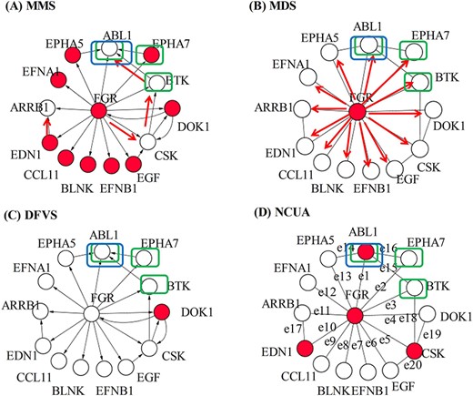 Schematic demonstration of MMS, MDS, DFVS and NCUA methods on the personalized state transition network constructed with the Paired-SSN method for patient ‘TCGA-BJ-A28W’ in THCA cancer. A sub-network (containing FGR gene and its neighborhood genes) of the personalized state transition network for the ‘TCGA-BJ-A28W’ cancer patient is chosen to evaluate the performance of MMS, MDS, DFVS and NCUA. The genes {BTK, ABL1, EPHA7} in the CCG gene list (within the rectangular box in blue color) and NCG gene list (within the rectangular box in green color) are considered as the gold standard driver genes. (A) MMS method found the matching edges (red color edges) which results 10 unmatched nodes (red color nodes). These 10 genes are considered as the driver genes in which there is one standard driver gene (EPHA7). (B) MDS method identified the MDS {FGR} (red color node) as driver genes in which there are no standard driver genes. MDS assumes that the driver node can independently control its associated edges (red color edges). (C) DFVS method identified the FVS node {DOK1} (red color node) that intersects two feedback loops as the driver genes in which there are no standard driver genes.(D) NCUA method identified four driver genes (red color nodes) which can cover all the edges (feedback loop) in the undirected network. There is one standard driver gene among four driver genes.