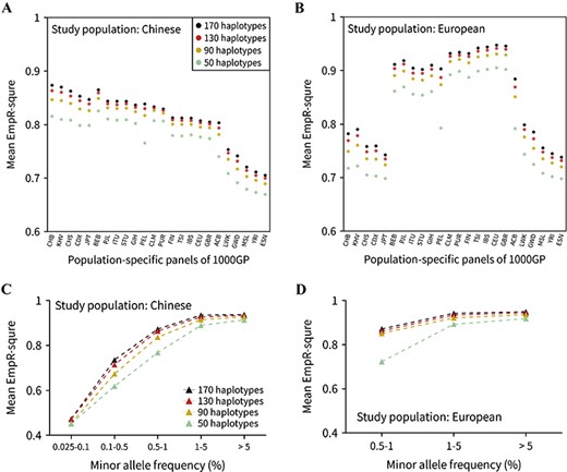 Imputation accuracy for the reference panels with four haplotype size gradients. Overall imputation accuracy for (A) Han Chinese and (B) European populations using 24 worldwide populations of the 1000G Phase 3 as reference panels. For each reference panel, the average EmpR2 (measuring the imputation accuracy) was plotted with four haplotype sizes (50, 90, 130 and 170). (C) Imputation accuracy for the Han Chinese population in five different MAF bins using the CHB (Han Chinese ancestry) population as the reference panel. (D) Imputation accuracy for the European population using the CEU (European ancestry) population as the reference panel. Only three MAF bins of EmpR2 of variants were plotted since the variants with MAF < 0.5% were not available (see Methods).