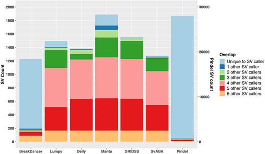 Extent of SVs identified by different callers and their overlaps. Results are based on simulation data with tumour and matched-normal coverage of 60× and VAF of 100%. The count of Pindel is labelled on the right vertical axis.