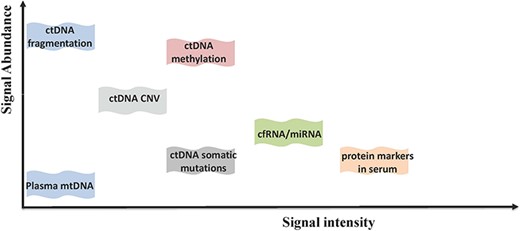 Comparison of different types of markers in the diagnosis and prognosis of HCC in terms of signal abundance and signal intensity.