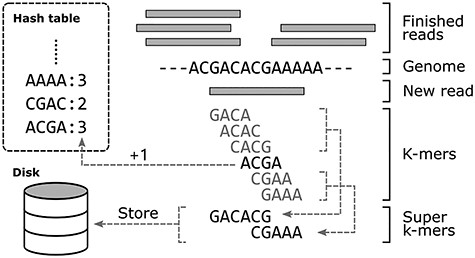 This example of counting 4-mers illustrates how CHTKC compresses k-mers after nodes are exhausted. Among the 6 k-mers extracted from the new 9 bp read GACACGAAA, only ACGA exists in the hash table, and other k-mers need to be temporarily stored to disk. The first three consecutive k-mers are compressed to GACACG, and the last two are compressed to CGAAA.
