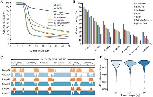 (A) The genome coverage of high frequency k-mers (count ≥ 2) with lengths from 10 to 50 for seven organisms. (B) The percentage of annotated repeats and de novo detected repeats in the genomes. Total annotated repeats are the union of CRs and SDs. Total de novo detected repeats are calculated by DEL − URL + PRL. (C) The Rmap and Umap with k-mer lengths of 24, 36 and 50 on chr1: 36 036 600–36 042 600. (D) The negative correlation coefficients between Rmap and Umap of 2400 randomly generated sequence regions with a length of 1 Kbp.