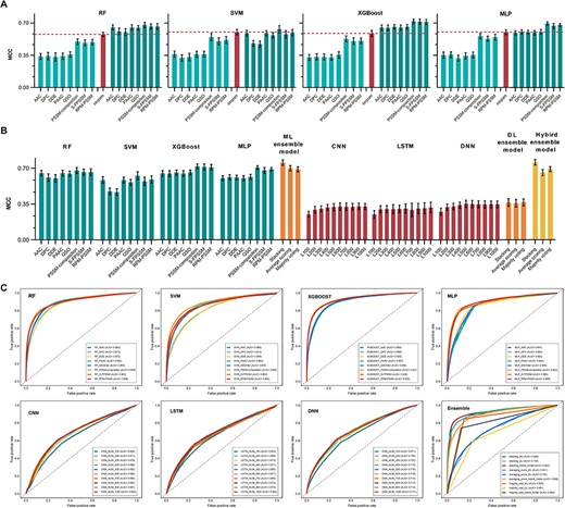 Performance comparison of different models. (A) Performance comparison between the models trained using the original features (appearing at the left, light green bars within each panel) and those trained using the combined features (i.e. the seqsim feature incorporated; appearing at the right, dark green bars within each panel). The red bar in the middle of each panel represents the model trained using the seqsim feature; (B) Performance comparison between baseline models (trained using the combined features) and their ensemble models based on 10-fold cross-validation test; (C) ROC curves of 62 baseline models (trained using the combined features) and their ensemble models using different ensemble strategies based on 10-fold cross-validation tests.