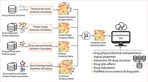 Database content and construction. For 10 317 small-molecule drugs, DrugSimDB collects information on (i) drug chemical structures to estimate drug pairwise chemical similarity, (ii) drug protein targets and protein sequences to estimate sequence-based target similarity, (iii) drug-induced pathways and their constituent genes to estimate pathway-based similarities, and (iv) GO annotations of protein targets and PPIs to identify functional similarities. The similarity scores are then mean-aggregated and filtered into a single matrix of combined similarities, i.e. DrugSimDB, which is made accessible and analyzable via a user-friendly and interactive graphical user interface and complemented with other information for in-place drug investigation. Abbreviations: GO: Gene Ontology, CC: Cellular Component, MF: Molecular Function, BP: Biological Process.