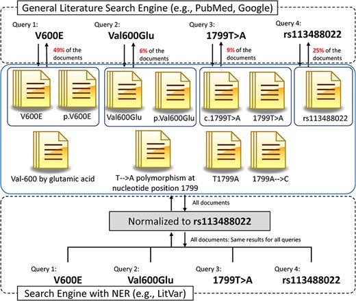 Comparison between general search engine and search engines with NER for genomic variant search. Due to various notations of genomic variants, general search engines typically need to use multiple queries to find relevant publications. The NER module, however, can find and normalize genomic variants from publications and query inputs and thus can provide more complete and precise search results.