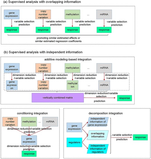 Illustration of supervised joint vertical integration approaches taking advantage of overlapping and independent information, respectively.