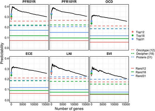 Evaluation of prediction models using different number of genes selected from the transcriptome in predicting six nomogram-derived traits by the BLUP-HAT method. (Top12, Top18 and Top31 represent the top 12, 18 and 31 genes in the ranked gene list, respectively. Rand12, Rand18 and Rand31 represent randomly selected 12, 18 and 31 genes from the transcriptome, respectively). The numbers of genes that achieved the maximum predictabilities for PFR5YR, PFR10YR, OCD, ECE, LNI and SVI are 470, 995, 1246, 989, 366 and 363, respectively.