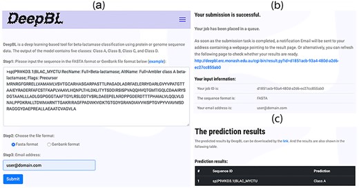 Screenshot of the web pages of the DeepBL webserver. (A) The input page of DeepBL; (B) the submission page of DeepBL and (C) the prediction output interface of DeepBL.