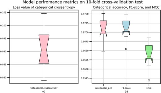 Boxplots of performance results on the 10-fold cross-validation tests. Performance metrics monitored during model training included (a): Loss value, (b): Categorical accuracy, F1-Score and MCC.