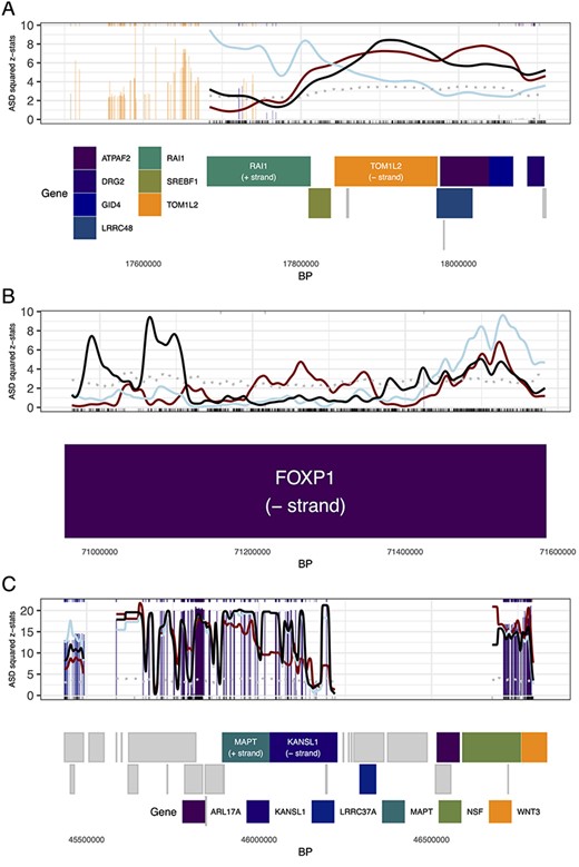 Gene/locus zoom displays for (A) locus falling in the chromosome 17 3.7 Mb Smith-Magenis syndrome region, (B)FOXP1 in chromosome 3 and (C) locus in chromosome 17 1 Mb inversion region. (A)-(C) The genes located within the locus are represented in rectangles denoting their respective start and end positions below the smooth display, arranged by position and size to prevent overlapping. The gene/locus level kernel smoothing of ASD signal (black line) is displayed along with SCZ (red line) and EA (blue line) kernel smoothing signal (both are normalized to appear on the same signal scale as ASD). The gray dotted line denotes a point-wise $95{th}$ percentile of 1000 simulations for null simulations, and vertical bars correspond to eSNP signals (colored by their associated genes). A subset of genes are highlighted with colors in (A) and (B), with other genes represented by gray rectangles. Additionally, individual genes are labeled in (A): RAI1 and TOM1L2, (B): FOXP1 and (C): MAPT and KANSL1, with gene direction (+ indicates left to right, - indicates right to left).