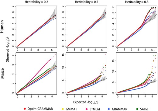 Comparison in the Q-Q profiles between Optim-GRAMMAR and the four competing methods. The simulated phenotypes are controlled by 200 QTNs with the low, moderate and high heritabilities in human and maize. The Q-Q profiles for all simulated phenotypes are reported in Supplementary Figure 1S.