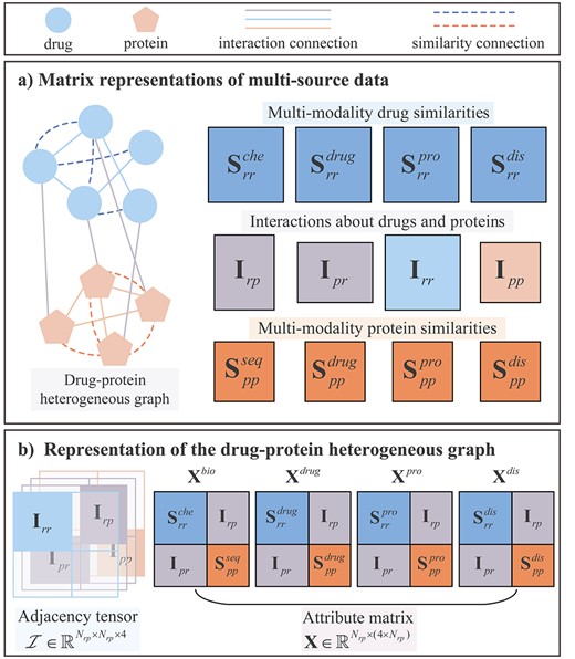 Matrix representations of multi-source data and construction of the drug–protein heterogeneous graph. (A) matrix representations of multi-source data including multi-modality similarities and interactions about drugs and proteins. (B) adjacency relationship and attribute representations of drug–protein heterogeneous graph.