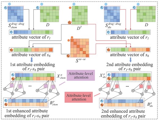 Construction of two enhanced attribute embeddings of a drug-side effect pair with attribute-level attention.