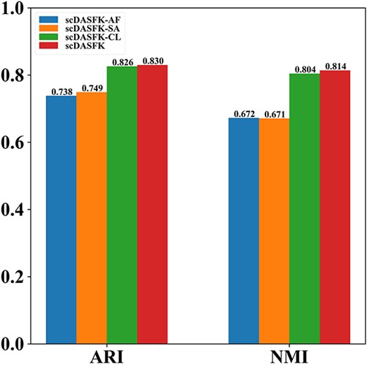 The clustering performance of remove each component in the designed architecture. scDASFK-AF represents the removal adaptive feedback mechanisms, scDASFK-SA represents the removal self-attention, and scDASFK-CL represents the removal comparative learning.