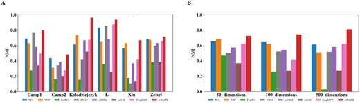 NMI for each dimensionality reduction method. (A) Average NMI of each method in each dataset in different dimensions.(B) Average NMI of each method on all datasets in each dimension.