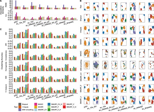 Benchmarking result on eight mixture of cell line scRNA data. (A) The imputation consistency measured by RMSE and Pearson correlation (Cor.). (B) UMAP plot. Cells from the same group share the same annotation color. From left to right are datasets p3cl, sc_10x_5cl, sc_10x, sc_celseq2_5cl_p1, sc_celseq2_5cl_p2, sc_celseq2_5cl_p3, sc_celseq2 and sc_dropseq with the dropout rate of 90%, 80%, 80%, 65%, 65%, 75%, 65% and 75%, respectively. From top and bottom are tools: Raw, Dropout, I-Impute, SAVER, MAGIC, kNN-smoothing, SMURF_CV, SMURF_F and SMURF_V. (C) The clustering accuracy measured by adjusted rand index (ARI), adjusted mutual information (AMI), normalized mutual information (NMI), homogeneity score (Homogeneity), completeness score (Completeness) and V-measure score (V-measure) of HVG600. SMURF_CV, SMURF_V and SMURF_F stand for SMURF with variance mode constant coefficient of variance (CV), constant Fano (F) and constant variance (V), respectively. SMURF models with suffix ‘H’ mean the clustering was conducted with the cell embedding yielded by SMURF.