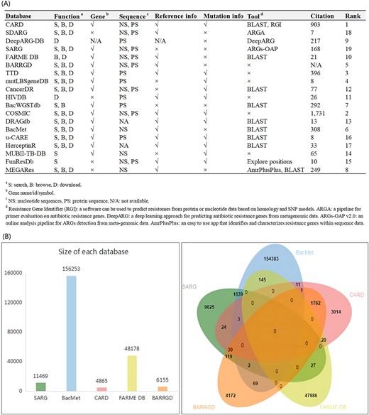 In-depth analysis of drug resistance gene databases. We compared the functional annotation information and website functions of the databases, then we ranked these databases based on a comparative analysis (A). The data redundancy analysis of SARG, BacMet, CARD, FARME DB and BARRGD. The redundancy data of SARG and BacMet reached 1644, and the redundancy data of CARD and BARRGD reached 1793 (B).