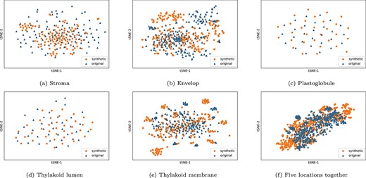 The original feature samples and optimal synthetic feature samples visual distribution charts of subchloroplast locations (stroma, envelope, plastoglobule, thylakoid lumen and thylakoid membrane) and five subchloroplast locations together.