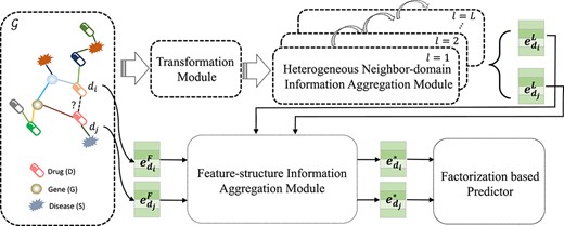 The overall framework of ACDGNN. The input of ACDGNN is a heterogeneous network $\mathcal{G}$ on the left, in which different shapes represent different entities and the color of the edge represents the corresponding relation. In transformation module, cross-domain transformation is performed on all entities to reduce the heterogeneity. Then, in order to obtain network structure embedding, heterogeneous neighbor-domain information aggregation module takes the transformed information of different entities as input and propagate the information from neighbors via attention mechanism. The initial feature and network structure embedding of entities (drugs as the example in this figure) are aggregated in a weighted way in feature-structure information aggregation module and combining the outputs of the heterogeneous neighbor-domain information aggregation module to generate the final embedding of entities, which will be fed into the factorization based predictor for DDI prediction.