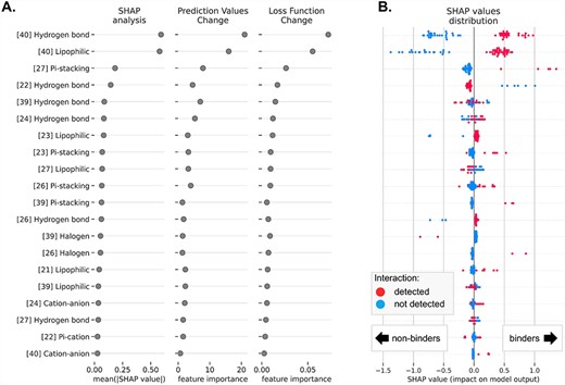 Feature importance analysis for the HIV-1 TAR activity binding model trained with the CatBoost classifier on SIFts. Each row indicates a selected interaction type formed with a given residue (number in square brackets). (A) The 20 top-ranked interactions and their importance for the model performance tested with the SHAP method (the contribution of each feature to the prediction of the model—mean absolute SHAP value), the CatBoost Prediction Values Change (indicating how much, on average, the prediction changes if the feature value changes) and the CatBoost Loss Function Change (indicating the difference between the loss value of the model with this feature and without it). (B) The distribution of SHAP values for all ligands in the data set, with color-coded presence/absence of the interactions of the given type (red—the interaction was detected, blue—the interaction was not detected). SHAP values show how forming the given interaction increases or decreases the likelihood of a compound being classified as a binder.