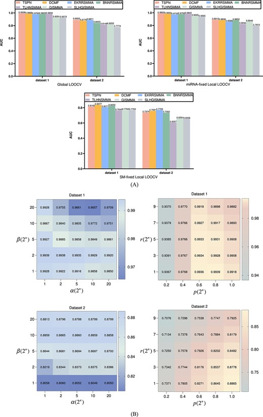 (A) Performance comparison of multiple SM–miRNA association prediction models using Global and Local LOOCV on two datasets. (B) Influence of parameters on TSPN under 5-fold CV experiment on two datasets.