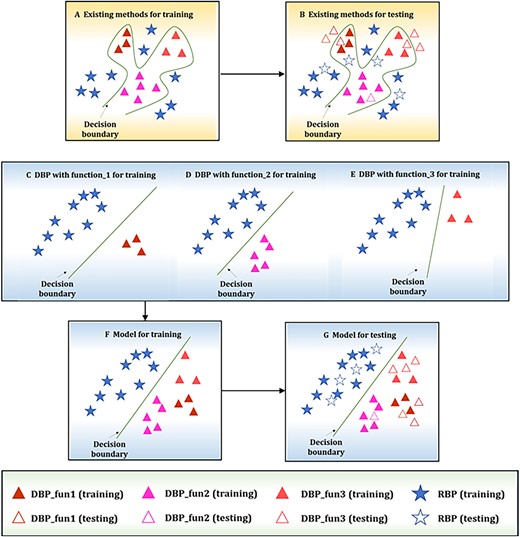 Illustration of the existing methods problems and the iDRPro-SC solution proposed in this study. (A) Training process of existing methods. (B) Testing process of existing methods. (C–E) Training process of different subfunction classifiers. (F) Training process of the ensemble model combining multiple subfunction classifiers. (G) Testing process of the ensemble model.