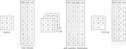Visual example of the tidy format. The ‘matrix’ and the ‘tidy’ format have the same information. The gray parts of the ‘tidy’ format can be regarded as explanatory variables.