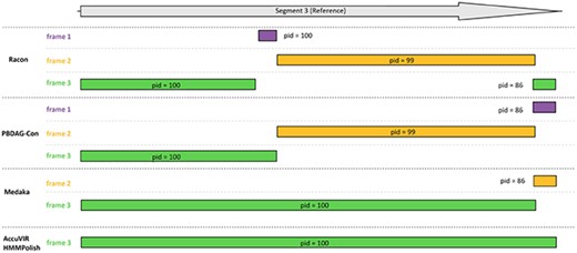 Protein alignment quality of different tools in dataset 6. Racon and PBDAG-Con generated over three partial alignments on three frames. Medaka generates a long and a short alignment on two frames, while AccuVIR and HMMPolish generate a complete protein alignment at the correct translation frame.