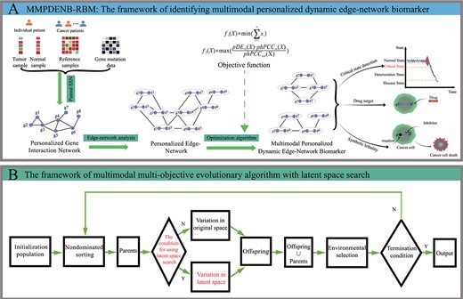 Demonstration and framework of MMPDENB-RBM model. (A) The biological explanation of multimodal PDENBs in the MMPDENB-RBM model. Firstly, we obtained gene expression data of paired samples (i.e. normal and tumor samples) of individual patients and reference samples as well as gene mutation data. Then, the paired-SSN method was used to construct a PGIN for each patient by integrating the aforementioned gene expression data. Subsequently, we used edge-network analysis to transform the node-network (PGIN) into an edge-network, which comprised rich dynamic and high-dimensional information of omics data, to characterize the development of cancer. Finally, we defined PDENB identification as LMOP and designed an MMEA based on latent space search to identify multimodal PDENBs. The multimodal PDENBs can be used to detect early-warning signals in the development of cancer as well as provide potential drug targets and synthetic lethality edge-biomarkers for cancer treatment, realizing multi-purpose early disease prediction. (B) The framework of MMEA with latent space search in MMPDENB-RBM model. Firstly, the PEN was divided into several subnetworks that formed the initial population via the population initialization strategy. Then, we calculated the objective function of the initial solution. Subsequently, these solutions were non-dominated sorted according to the value of the objective function, and the solutions with better quality were selected as parents. Then, each offspring was determined whether produced in original space or latent space according to decision conditions. The offspring and their parents were merged, and better solutions were retained by environmental selection operators. Finally, if iteration conditions were met, Pareto optimal solutions were outputted; otherwise, the search for better PDENBs was continued.