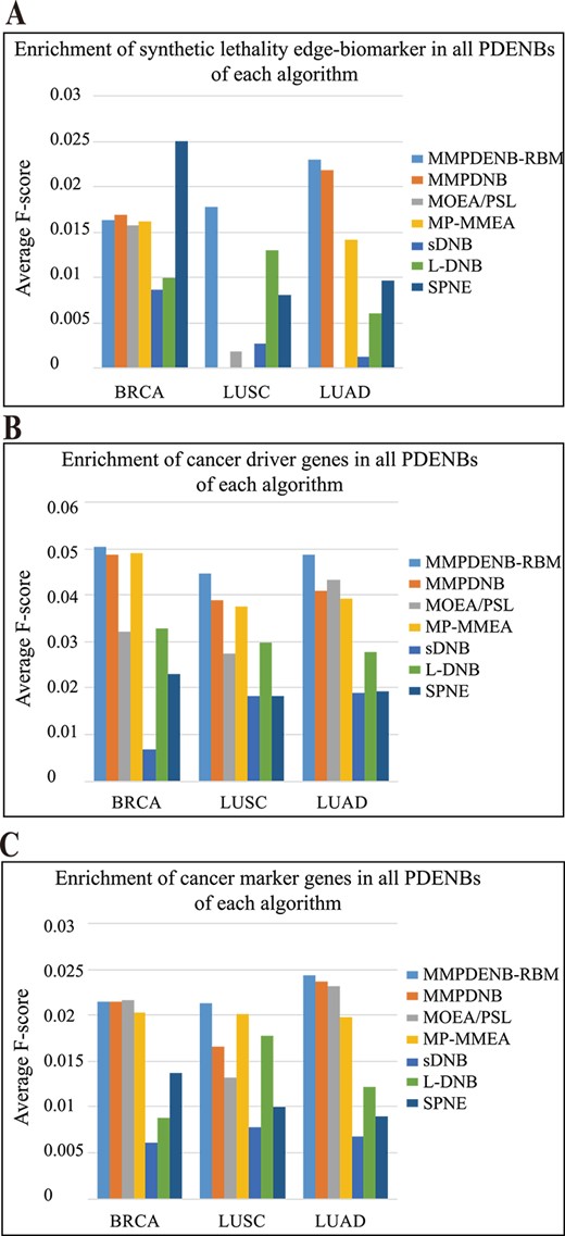 Comparison of performance of MMPDNB-RBM model and other methods for discovering cancer tissue-specific biomarkers. (A–C) Average F-score of PDENBs containing synthetic lethality edge-biomarkers, driver genes and marker genes for an individual patient.
