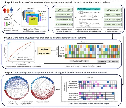 Schematic representation of the proposed framework. In stage 1, multimodal datasets from cancer patients (e.g. BC) were sourced from a published study [9]. This dataset comprises clinical features, DNA mutations, and gene expression from pre-treatment tumors, alongside post-treatment response classes (pCR, RCB-I to III). TiME and pathway activity were derived from transcriptomic data using statistical algorithms. For identifying class-specific correlated biomarkers, class binarization and oversampling were used to balance between classes. WMSCCA models the multimodal associations across different biomarkers and identifies response-specific sparse components on diverse input features and patients. In stage 2, a binary LR classifier then utilizes these patient latent components for predicting response to therapies, evaluated by AUROC. Next in stage 3, class–specific sparse components are shown in a heatmap, highlighting key signatures (non-zero loading) in colors. Finally, the identified multi-modal and -omics signatures then formed a correlation network, revealing pathways associations with multi-modal and -omics biomarkers for each response class. Nodes with colors in the network indicate multimodal features.