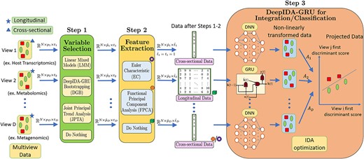 Pipeline for multiview data integration/classification. Variable selection: Every view’s data $\mathbf{X}_{d} \in \mathbb{R}^{N \times p_{d} \times t_{d}}$ is first passed through this step to obtain $\widetilde{\mathbf{X}}_{d} \in \mathbb{R}^{N \times \tilde{p}_{d} \times t_{d}}$, where $\tilde{p}_{d} < p_{d}$ if either LMM, DGB or JPTA is used for variable selection and $\tilde{p}_{d} = p_{d}$ if this step is skipped. LMM focuses on selecting variables maximally separating the classes whereas JPTA focuses on those maximally associating the views. DGB focuses on identifying variables simultaneously maximizing within-class separation and between-view associations. LMM considers each variable separately and lacks context from other views and other variables within the same view. JPTA and DGB leverage between-view and between-variable relationships while selecting variables. JPTA works with two longitudinal views, whereas DGB is capable of taking in any number of views. Moreover, unlike JPTA, both LMM and DGB associate ranking with selected variables. Feature extraction: Feature extraction is performed on longitudinal views to convert $\widetilde{\mathbf{X}}_{d} \in \mathbb{R}^{N \times \tilde{p}_{d} \times t_{d}}$ into $\widehat{\mathbf{X}}_{d} \in \mathbb{R}^{N \times \hat{p}_{d} \times \hat{t}_{d}}$, where $\hat{t}_{d} =1$ if either EC or FPCA is used and $\hat{t}_{d} = t_{d}$ if this step is skipped. EC and FPCA convert longitudinal data to one-dimensional form, which is especially important when one want to use the existing integration methods based on cross-sectional views only. EC outperforms FPCA when there are distinct differences in the covariance structure between the classes, while FPCA is better when there are variations in time-trends between the classes. Integration/classification: DeepIDA-GRU is used for integration/classification, where the longitudinal views are fed into GRUs and the cross-sectional views are fed into dense neural networks. The output of these networks are integrated using IDA and classified using Nearest Centroid Classifier.