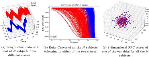 Visual comparison between EC and FPCA: Case 1—The two classes have different covariance matrices (with $\epsilon =0.75$), but the same ARMA parameters (that is, $\eta = 0$). Euler curves can distinguish between the two classes, whereas FPCA cannot.