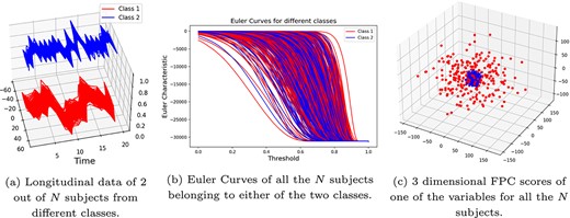 Visual comparison between EC and FPCA: Case 2—The two classes have the same covariance matrix (that is, $\epsilon =0$), but different ARMA parameters (with $\eta = 0.75$). FPCA can distinguish between the two classes, whereas EC cannot.