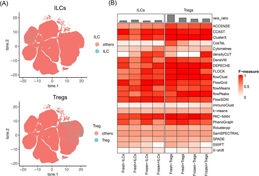 Rare population detection by clustering algorithms. (A) Manual gating for the selection of the two rare populations: ILCs and Tregs. (B) Heatmap for the performance of the clustering algorithms on the rare population based on the F-measure.