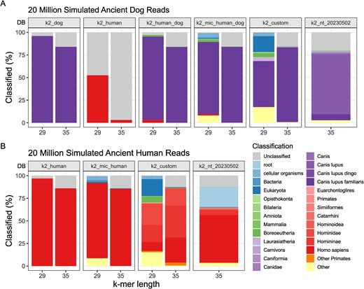 Impact of database choice on Kraken2 classification of (A) 20 million ancient dog reads, and (B) 20 million ancient human reads. The x-axis represents the k-mer length of the databases (DB; see Table 1 for descriptions) represented in the facets. The y-axis shows the proportion of reads classified as a particular taxonomy (colours).