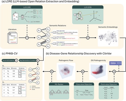 Overview of the literature-semantics framework. Given a large body of literature containing expert domain knowledge, the proposed framework creates a comprehensive unsupervised knowledge graph and numerical embeddings between entities. This enables large-scale supervised modeling of downstream tasks, where model predictions are accompanied by verifiable evidence of relations that can be traced back to the original articles. (a) The framework is applied to PubMed literature, and a knowledge graph containing semantic relations between diseases and genes and their mutations is created. (b) An embedding for disease–gene relationships, where each point in space contains the literature-semantic knowledge of a DG, is created. (c) The embedding is shown to contain a latent structure of DG pathogenicity. (d) We further analyze the disease-wise pathogenic flow and find that it is consistent across diseases and even smoother than the point-wise distribution. (e) An ML-ranker is trained to model the flow and to predict pathogenic genes for each disease, where the prediction scope is 200× larger than expert-curated supervision. (f) We curated 105 key semantics about DG pathogenicity with linguistic lemmas to automatically tag relations. (G) With the proposed framework, we facilitate future research on DG pathogenicity with a literature-scale knowledge base of predicted DG scores and supporting evidence.