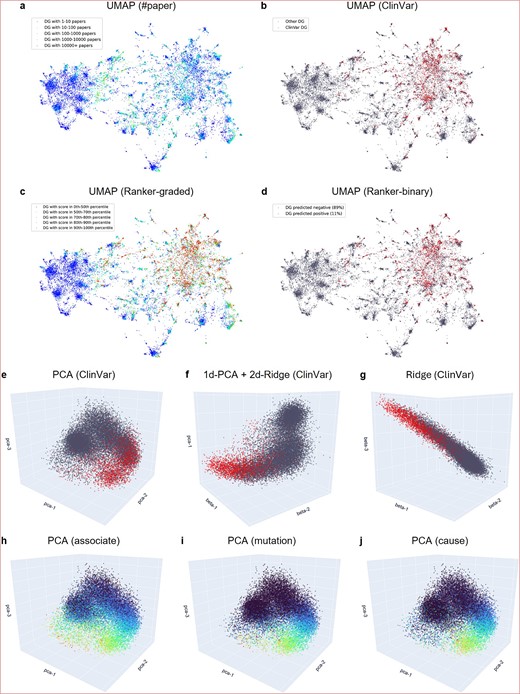LLM-EMB literature-semantic embedding visualization. (a–d) Visualization with UMAP to analyze the latent pathogenicity structure within the literature-semantic embedding. Points are colored by the number of papers (#paper) (a), ClinVar pathogenicity labels (b), graded ML-ranker prediction (c), and binary ML-ranker prediction (d). The sparse ClinVar-curated red pathogenic DGs are seen clustering toward a subspace, captured well by ML-ranker, which also provides a smooth landscape of graded predictions for uncurated DGs. (e–g) Visualization with linear axes calculated using PCA (e), ridge (g), and their combination (f). A point is colored red if it is a known pathogenic DG in ClinVar, and DGs with unknown pathogenicity are colored gray. A latent structure of two manifolds—a gray ball of nonpathogenicity and a curved arm of transition from nonpathogenicity to pathogenicity—resides in the semantic space. (h–j) PCA visualization colored by distributions of literature semantics ‘associate’ (h), ‘mutation’ (i), and ‘cause’ (j). The connection between the smooth semantics distribution and the sparsely-curated ClinVar pathogenicity distribution can be seen.