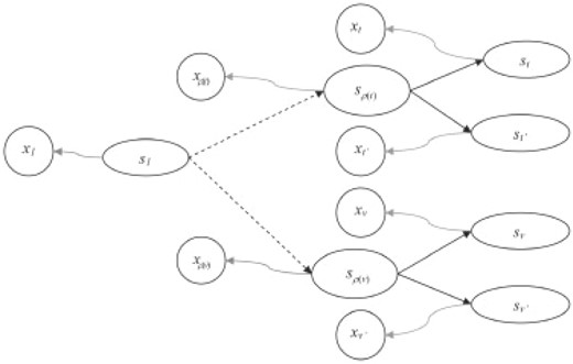 HMT representation with observed nodes (x) and hidden nodes (s). The straight arrows show the state transitions, curly arrows show emission probabilities, dashed arrows show state transitions with possibility of existence of intermediate nodes.